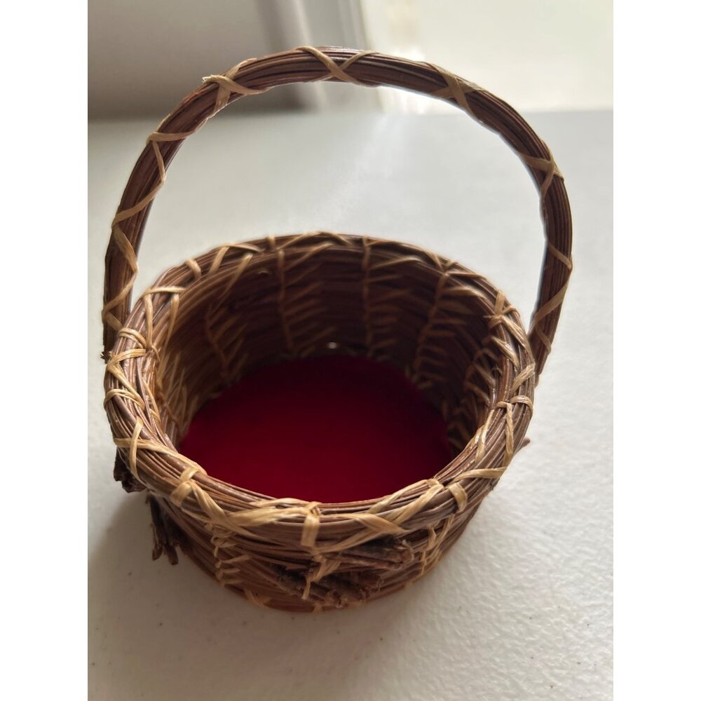 Vintage Ernest A. Beardsley Woven Mini Basket With Handle & Red Velvet Lining